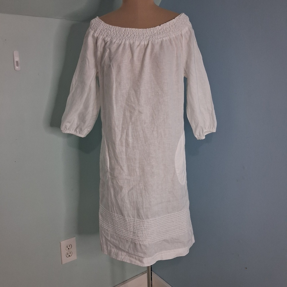 Boden White Linen‎ Smocked Off Shoulder Tunic Dress Minimalist Pockets US 4R